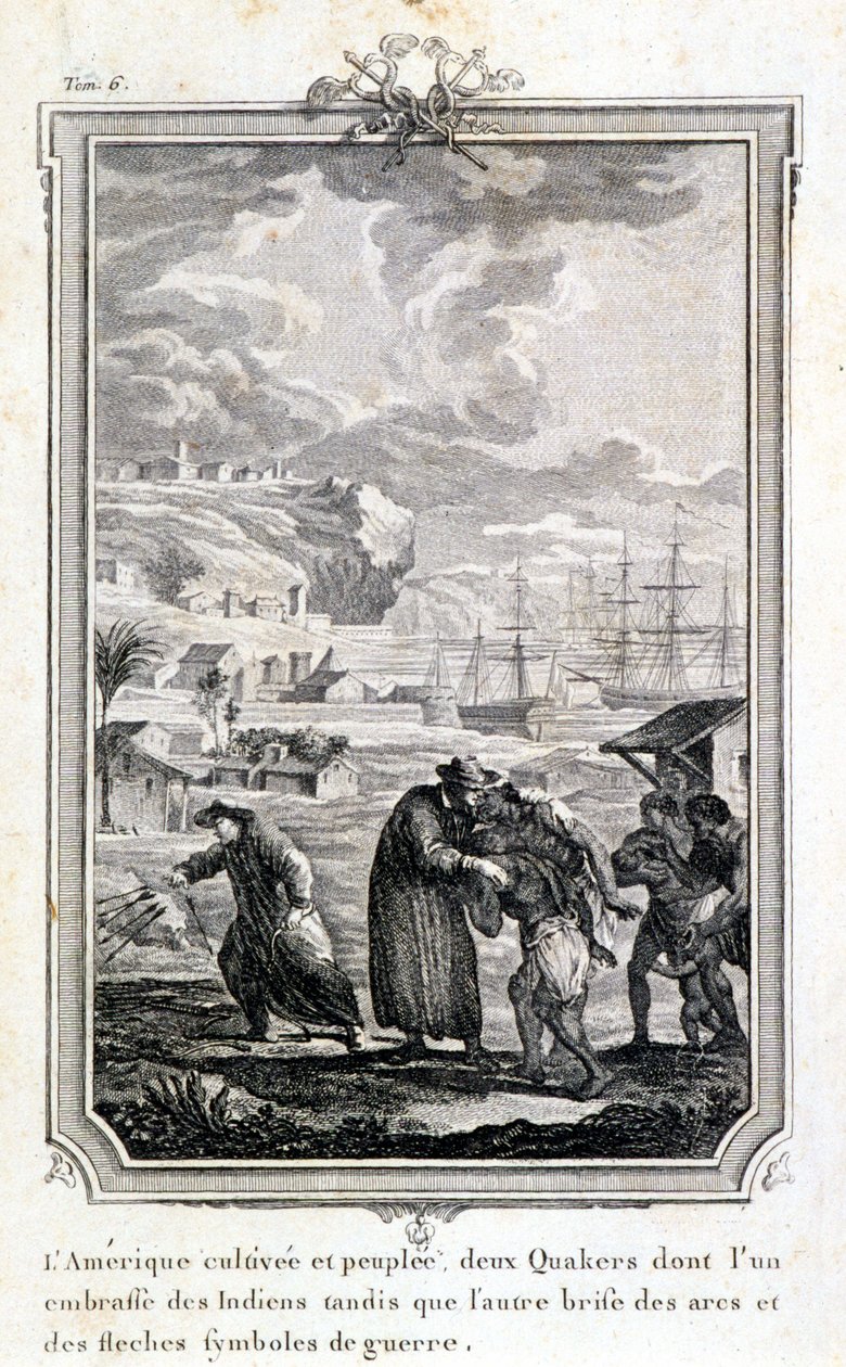 Quaker-missionærer, der forsøger at evangelisere indianerne i Amerika - gravering af French School