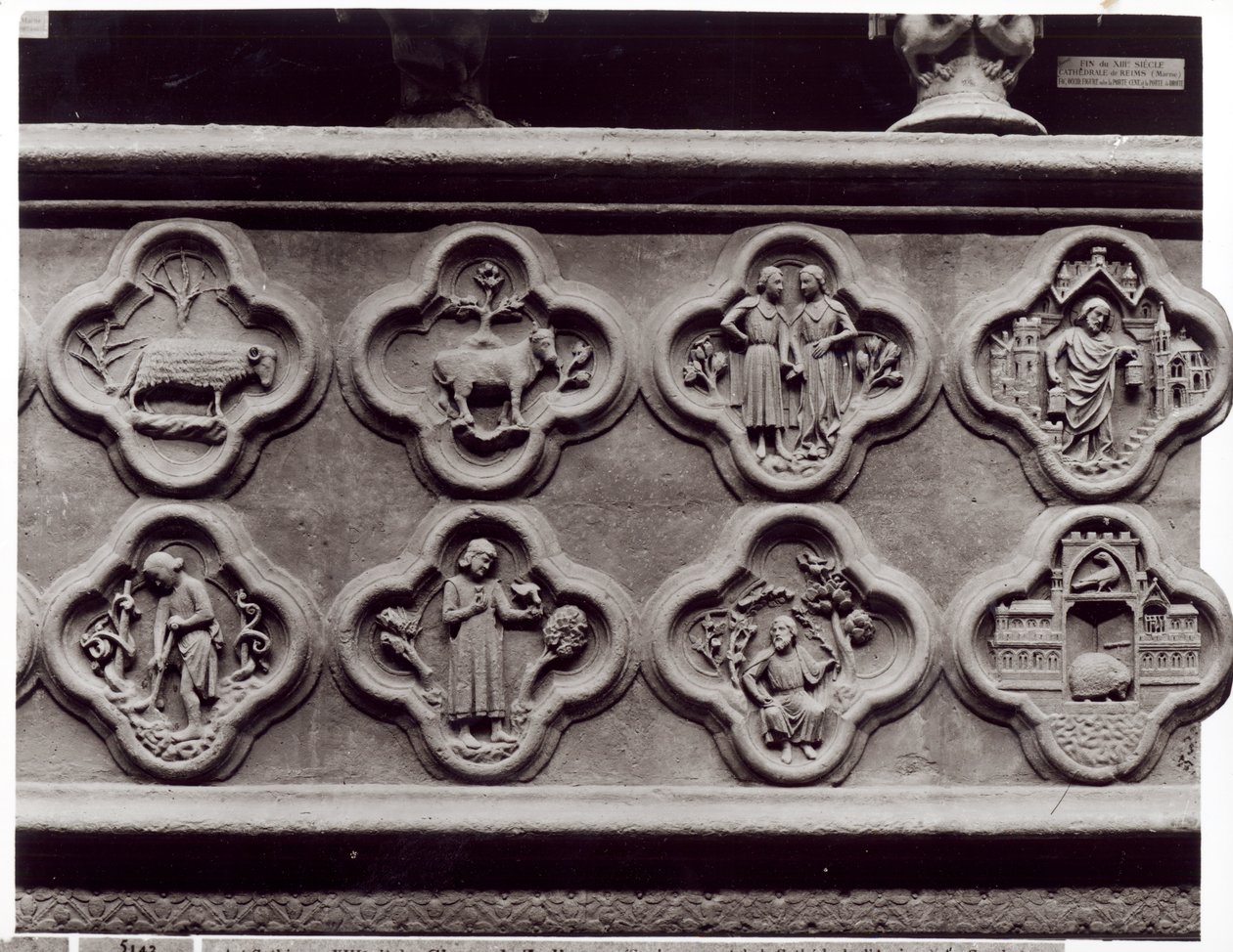 Quatrefoils med stjernetegnene, årets arbejde og profeterne Sophonie og Ezekiel, fra katedralen Notre-Dame i Amiens (gipsstøbt af sten) af French School