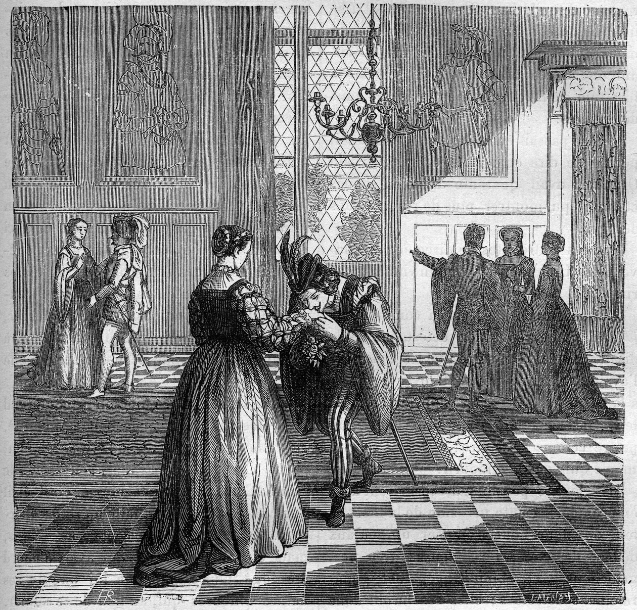 Dronning Margarita af Navarra (1492-1549) møder Pomini. Indstik i "Prostitutionens og udskejelsens historie blandt alle verdens folkeslag fra oldtiden til i dag" af Dr. Th. -F. Debray. 1879. af French School