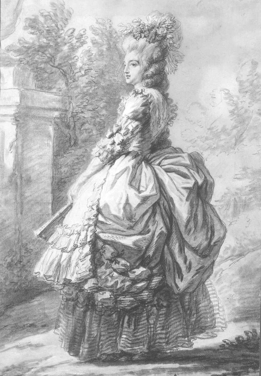 Dronning Marie-Antoinette (1755-93) går i en have, 1780 (pen og blækvask og kridt på papir) af French School