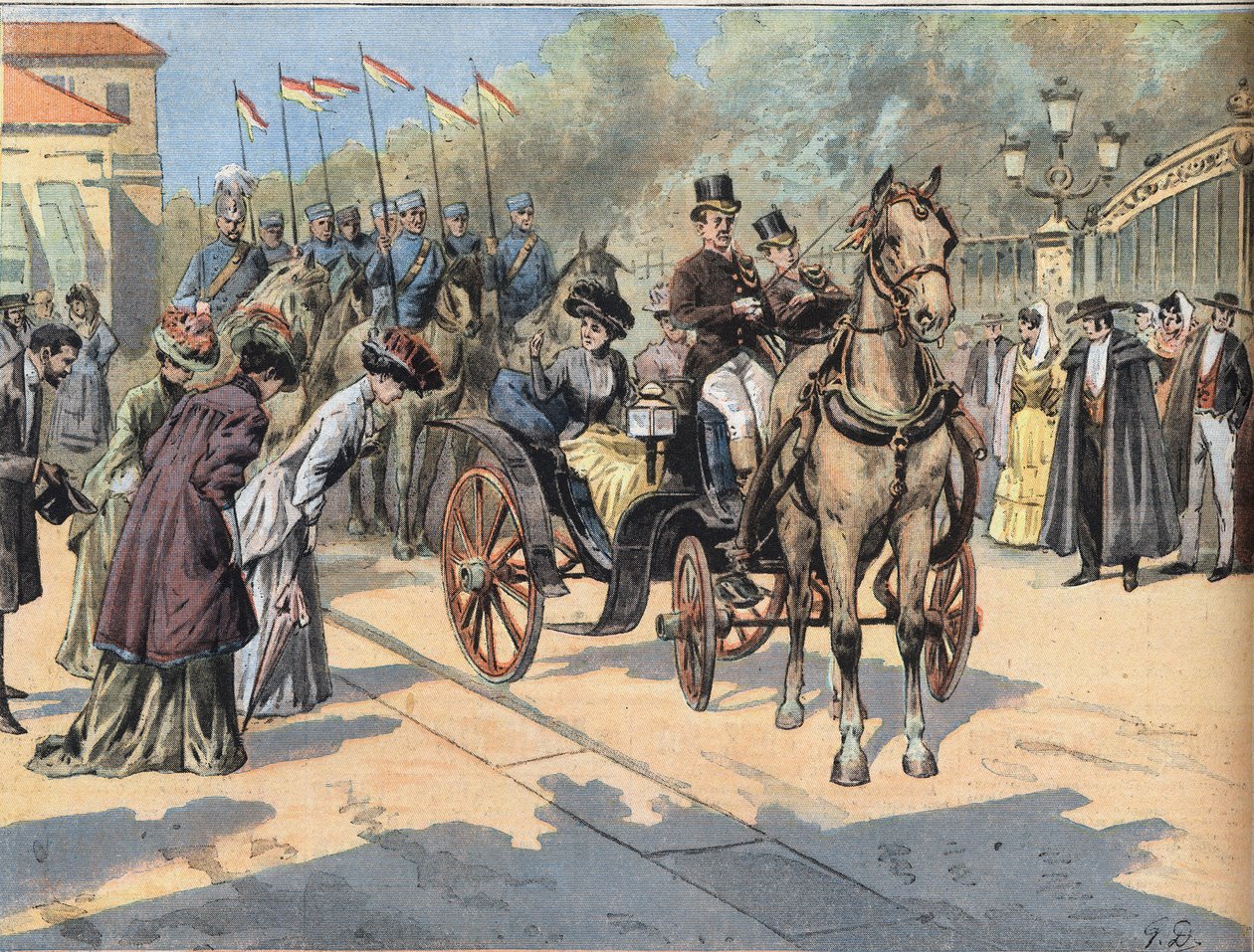 Dronning Marie Christine de Teschen (1858-1929) hilser på dronningerne af Paris Marches, fra avisen "Le Petit Parisien" " af French School