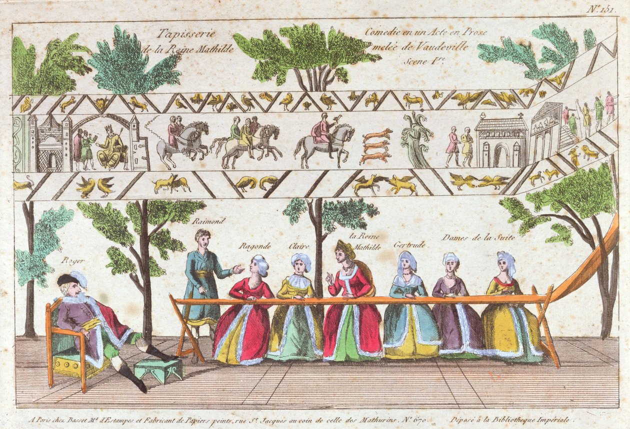 Dronning Mathilda og hendes tjenere væver Bayeux-tapetet, scene fra en Vaudeville-forestilling af French School