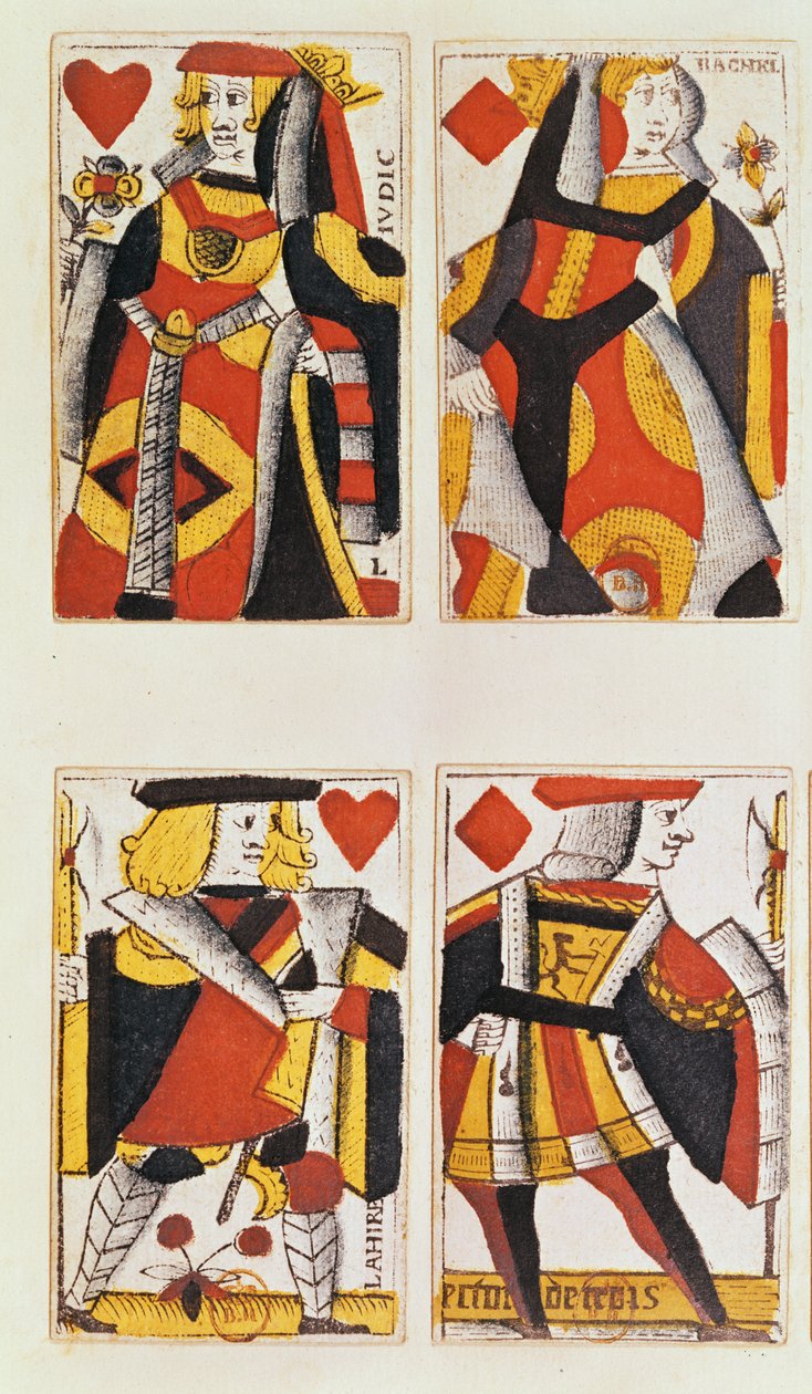 Queen og Jack spillekort (farvet trægravering) af French School