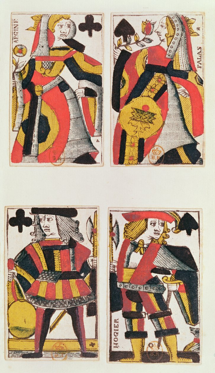 Queen og Jack spillekort (farvet trægravering) af French School