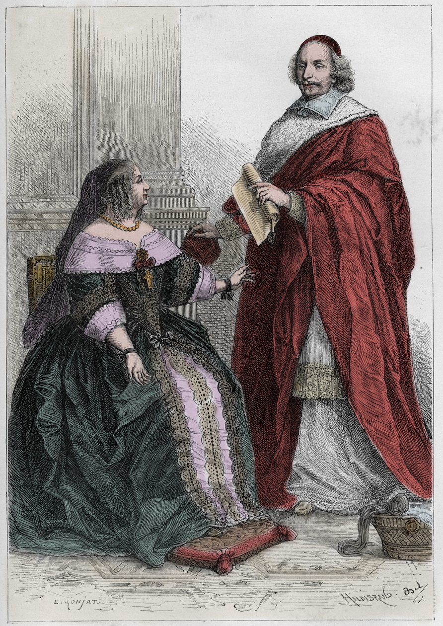 Dronning af Frankrig Anne af Østrig (1601-1666) og kardinal Jules Mazarin (1602-1661) - Anne af Østrig (1601-66) med kardinal Mazarin (1602-61) - gravering fra "" L