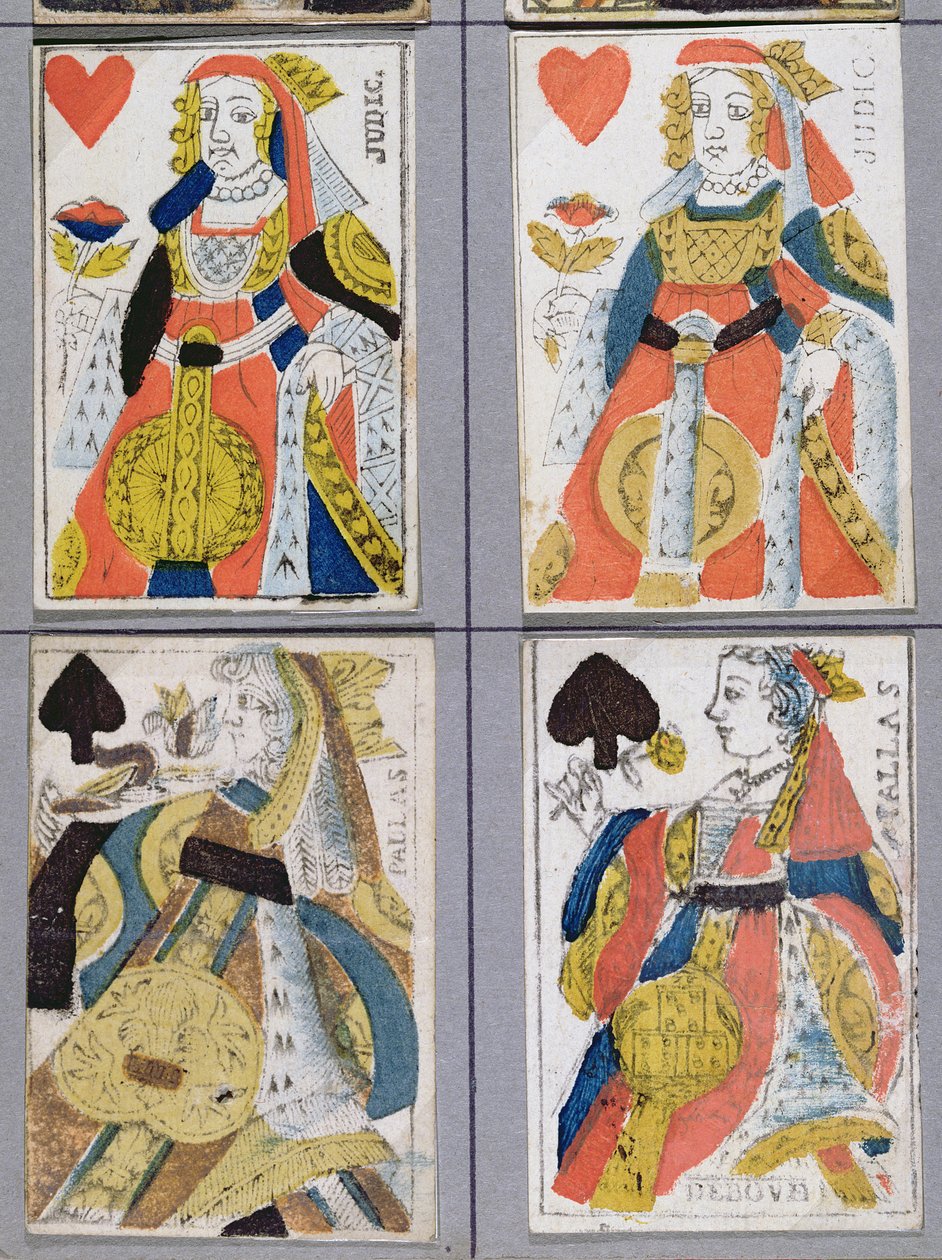 Spadedronning og Hjertedronning Spillekort, 17. - 18. århundrede (farvet trægravering) af French School