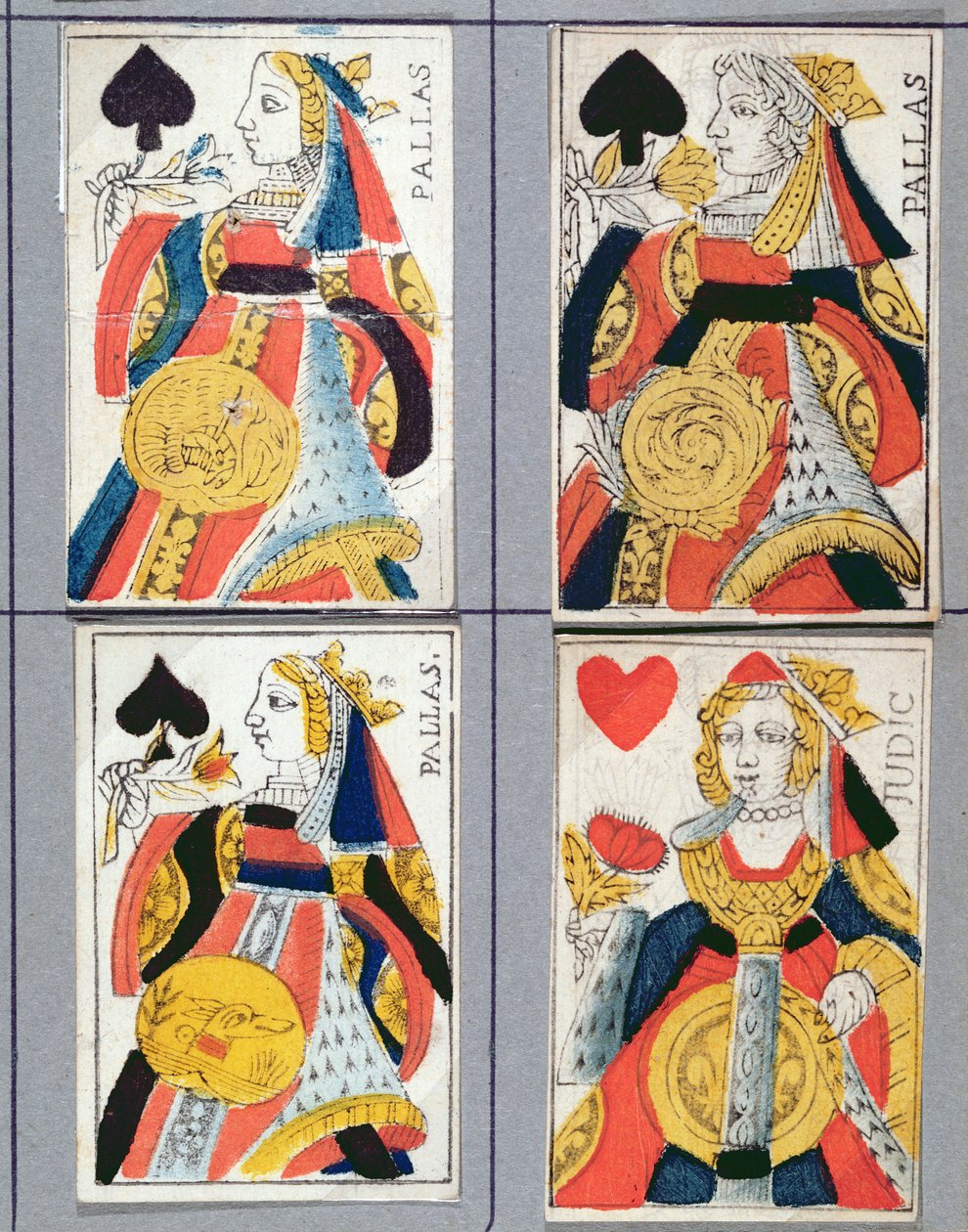 Spadedronning og Hjertedronning spillekort, 17. - 18. århundrede (farvet trægravering) af French School
