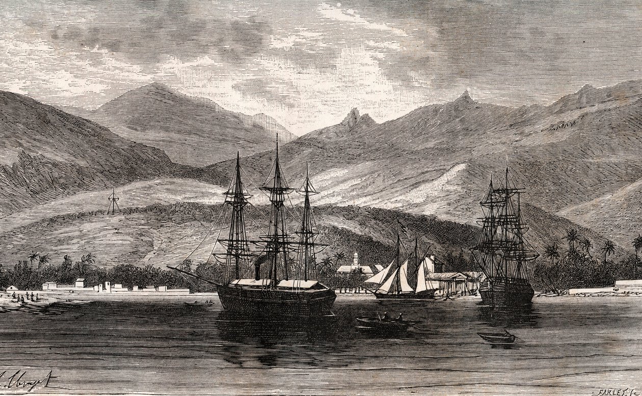 Rade de Taiti - Tahiti - indgravering i "La France illustrée: geografi, historie, statistisk administration" af V.A. Malt-Brown. 1884 af French School