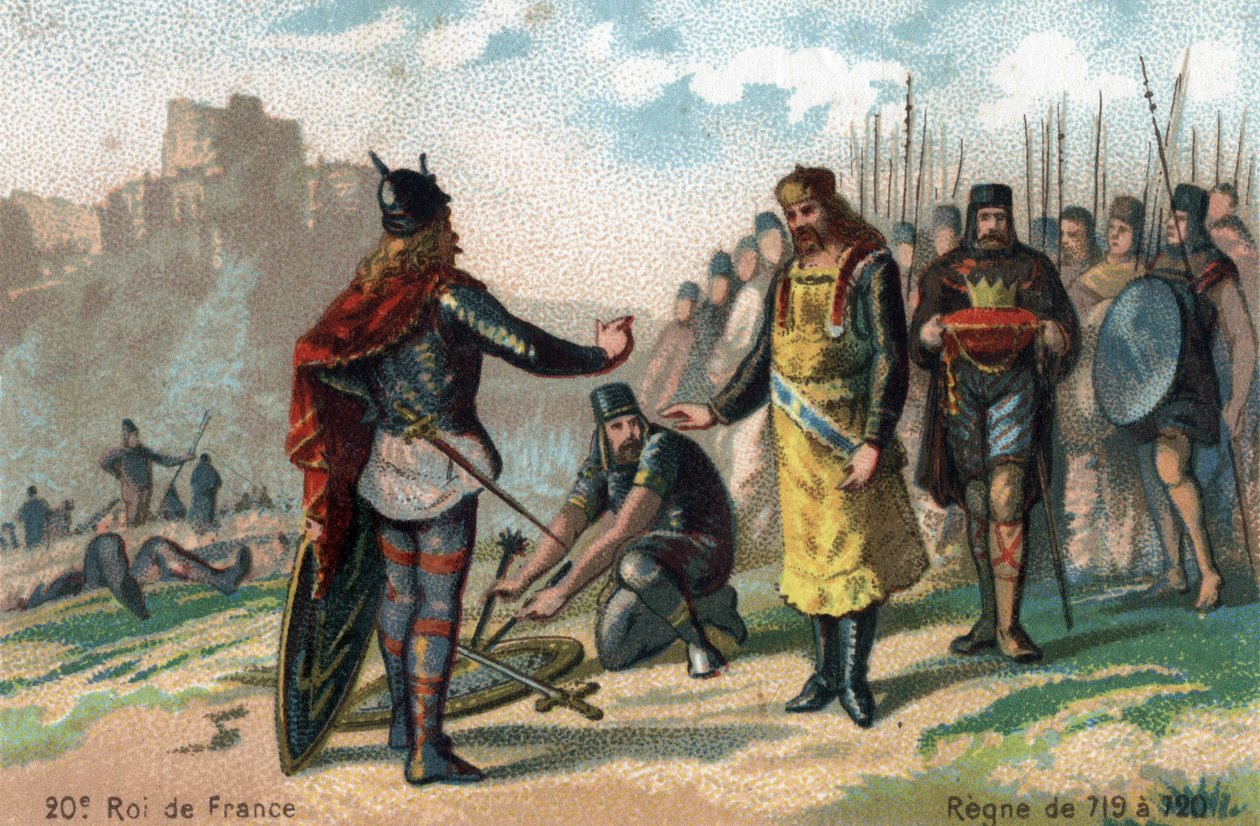 Rainfroy (Rainfroi), belejring af Charles Martel ved Angers, capitule, ca. 717. Kromolitografi omkring 1890. af French School