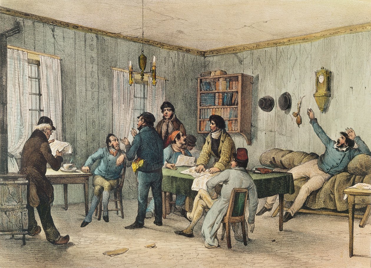 Læsesal i Sainte-Pelagie-fængslet, Paris, ca. 1840 af French School