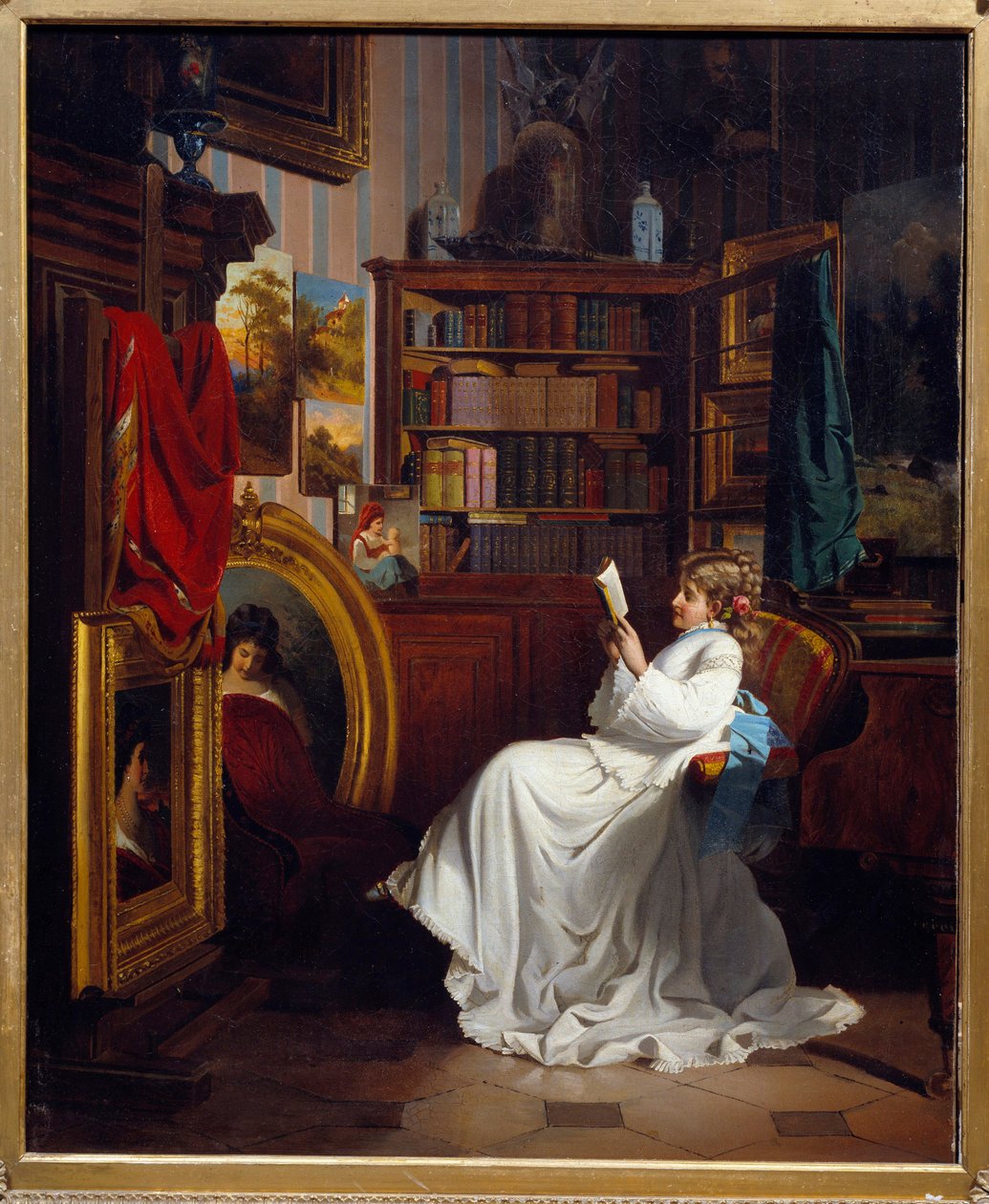 Læser en pige, der læser en bog på et kontor. Maleri af den franske skole. 1800-tallets privatsamling af French School