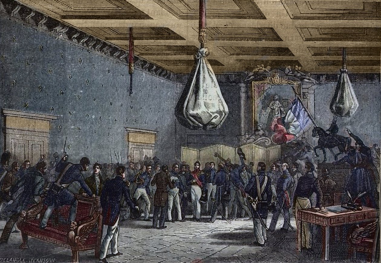Læsning af Deputeretkammerets adresse på Hotel de Ville, Paris den 31. juli 1830 - Louis-Philippe (1773-1850), franskmændenes konge (1830-48); udråbt til konge af Deputeretkammeret og tilbudt trone til gengæld for begrænsning af magten; følge af French School