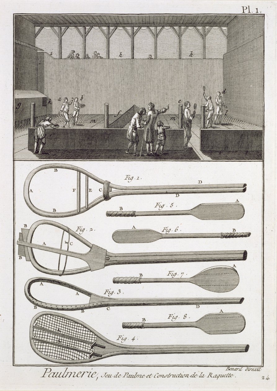 Ægte tennis og konstruktion af ketsjere, fra Encyclopedia af Denis Diderot (1713-84), indgraveret af Robert Benard (f.1734), udgivet ca. 1770 af French School