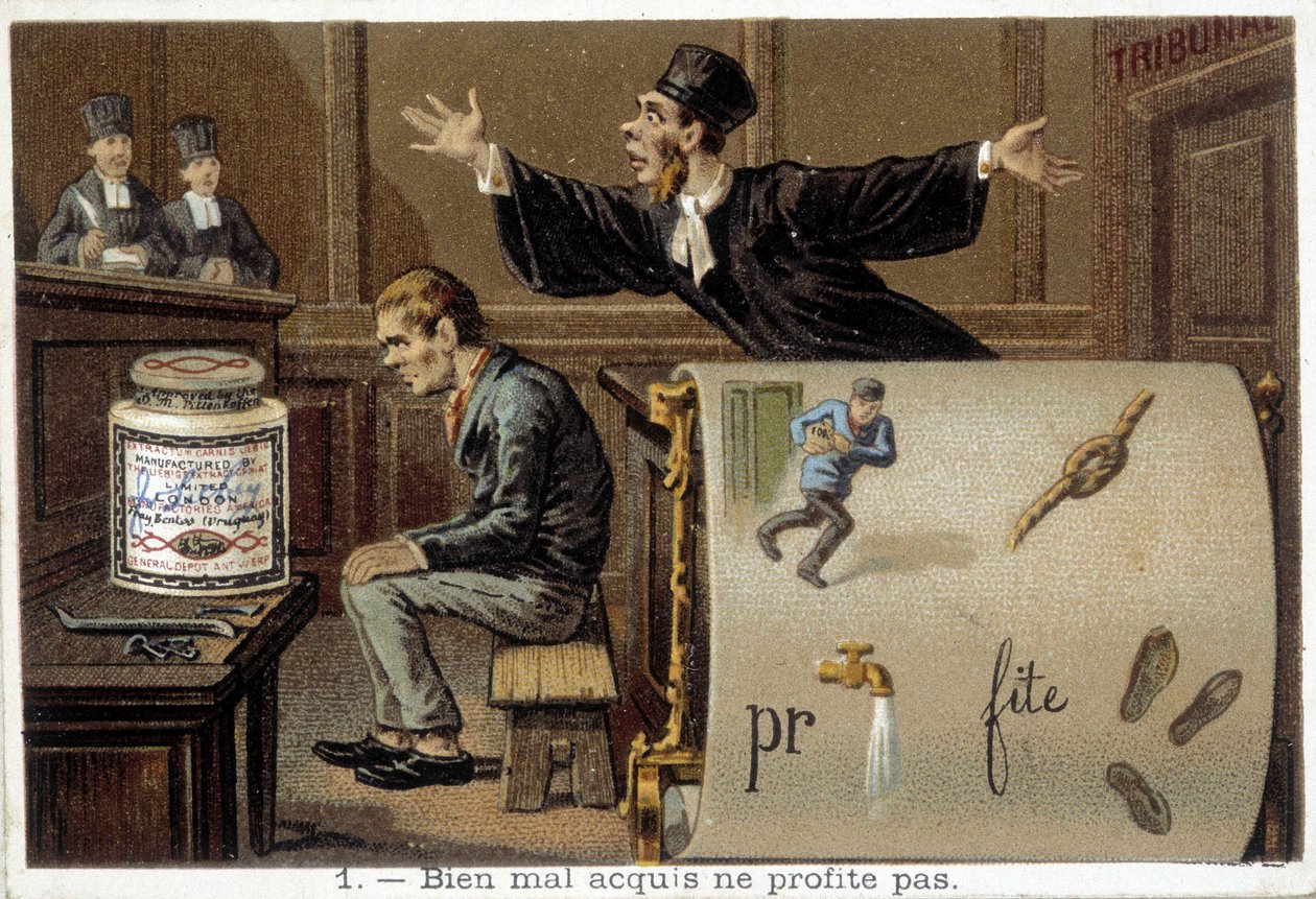 Rebus og scene, der illustrerer ordsproget "Well mal acquis ne jamais profit" - chromo. Liébig af French School