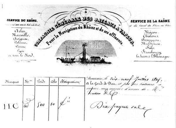 Kvittering for varer udstedt af Compagnie Generale des Bateaux Vapeur Pour la Navigation du Rhone og dets bifloder af French School