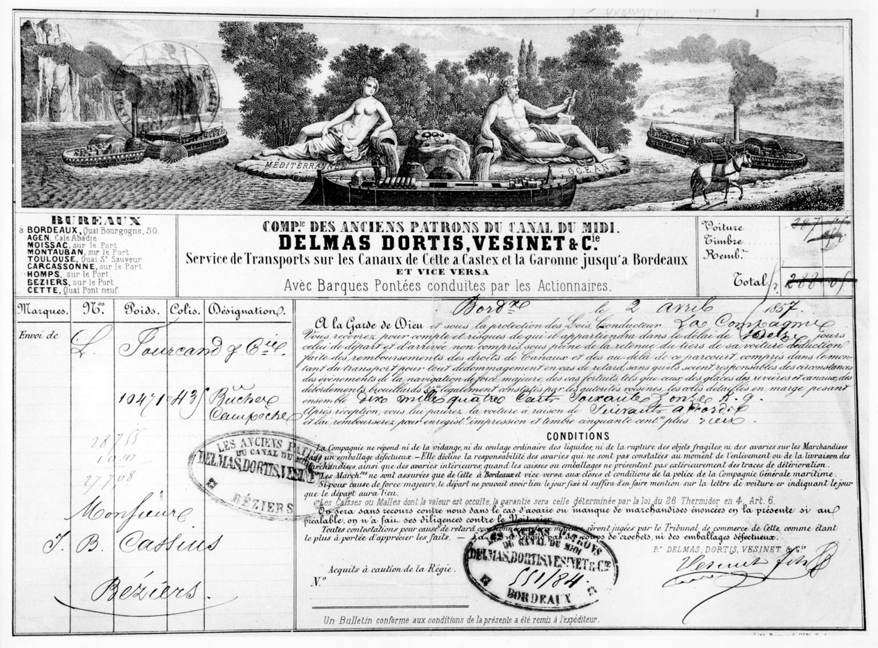 Kvittering udstedt af Compagnie du Canal du Midi for transport af varer fra Bordeaux til Beziers, 1857 (bw foto af gravering) af French School