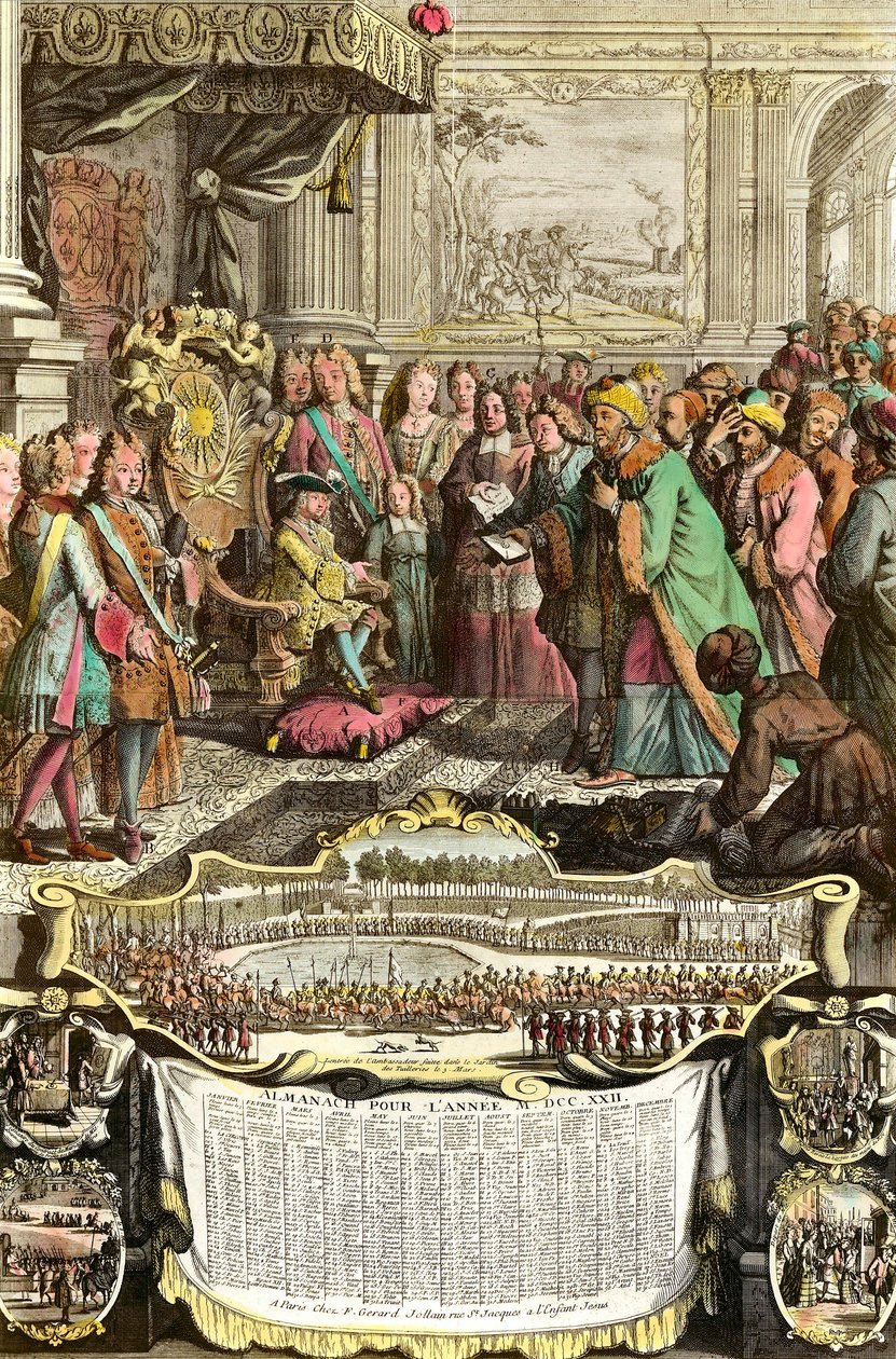 Modtagelse af Mehemet Effendi, den store sultan Achmets tyrkiske ambassadør, af Ludvig XV den 21. marts 1721 i Tuilerierne. Kobberstik fra det 18. århundrede. Privat samling. af French School