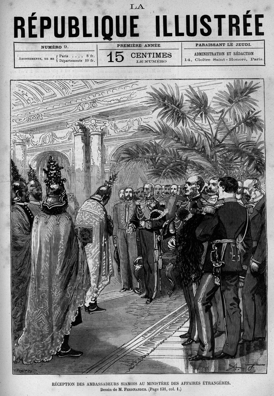 Modtagelse af siamesiske ambassadører i Udenrigsministeriet. En avis. Indgravering fra 1880 i "La republique illustree"" privatsamling. af French School