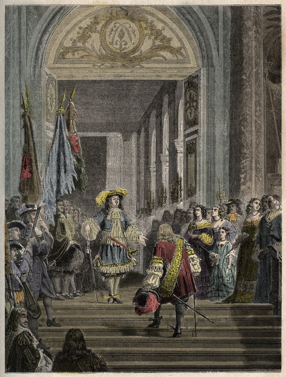 Modtagelse af Grand Conde i Versailles af Louis XIV - trappe des ambassadeurs - Modtagelse af Grand Conde (Louis II af Bourbon Conde) af kongen af Frankrig Ludvig XIV til Versailles i 1674. gravering i "" PATRIE""" - BESKRIVELSE PECTURERICIAL DE af French School