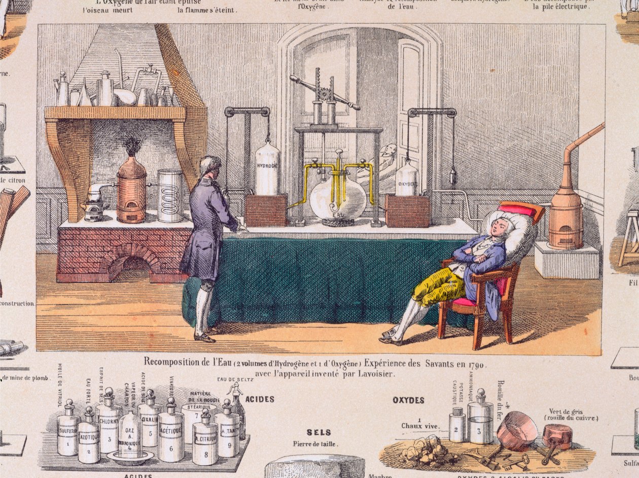 Gensammensætning af vand fra brint og oxygen: Antoine Laurent de Lavoisier (1743-94) eksperimenterer med en hvilende mands respiration, illustration fra en undervisningsplade, ca. 1860 (farvegravering) af French School