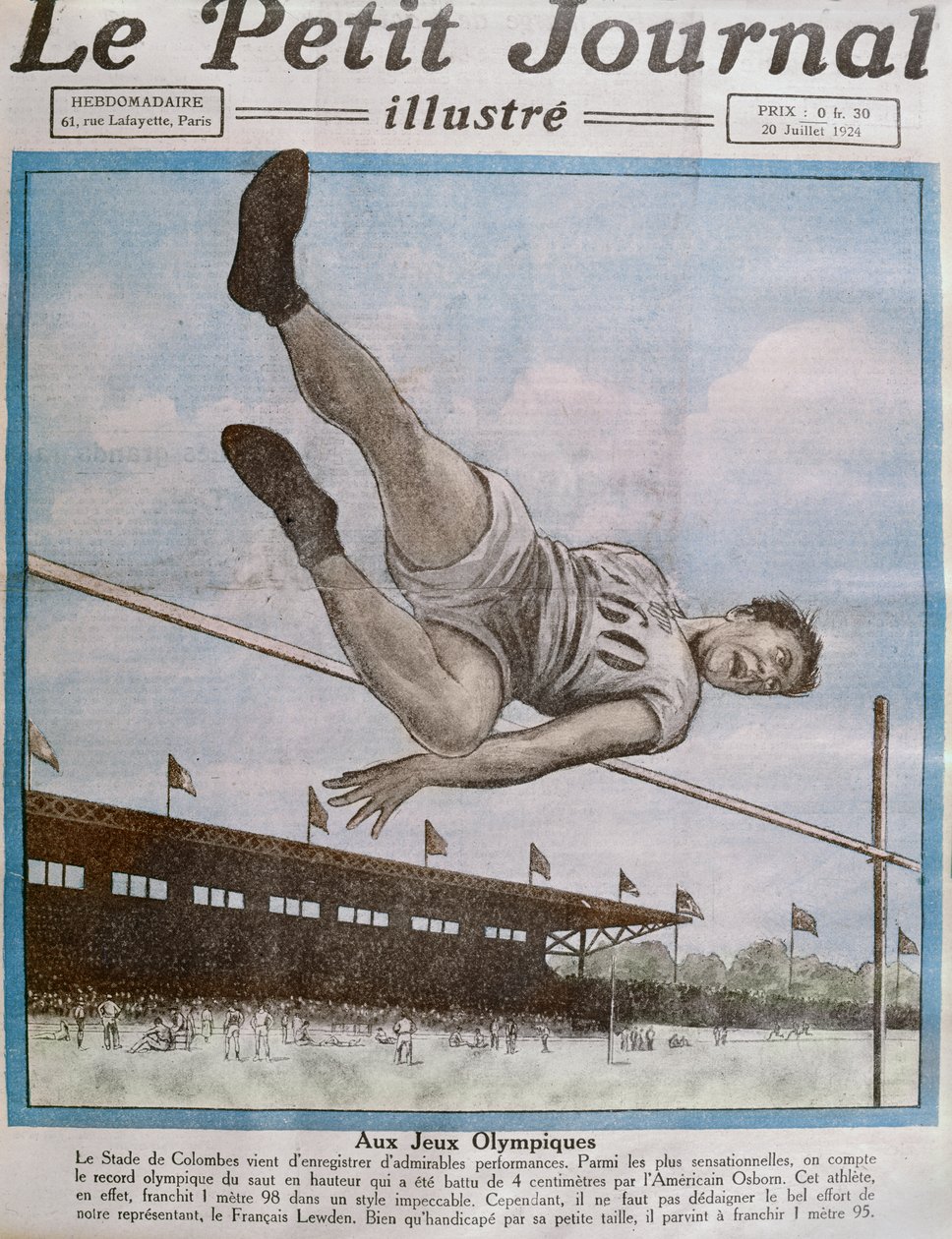 Rekordhøjdespring ved de 8. Olympiske Lege, Paris, 1924, forsideillustration fra Le Petit Journal 20. juli 1924 af French School