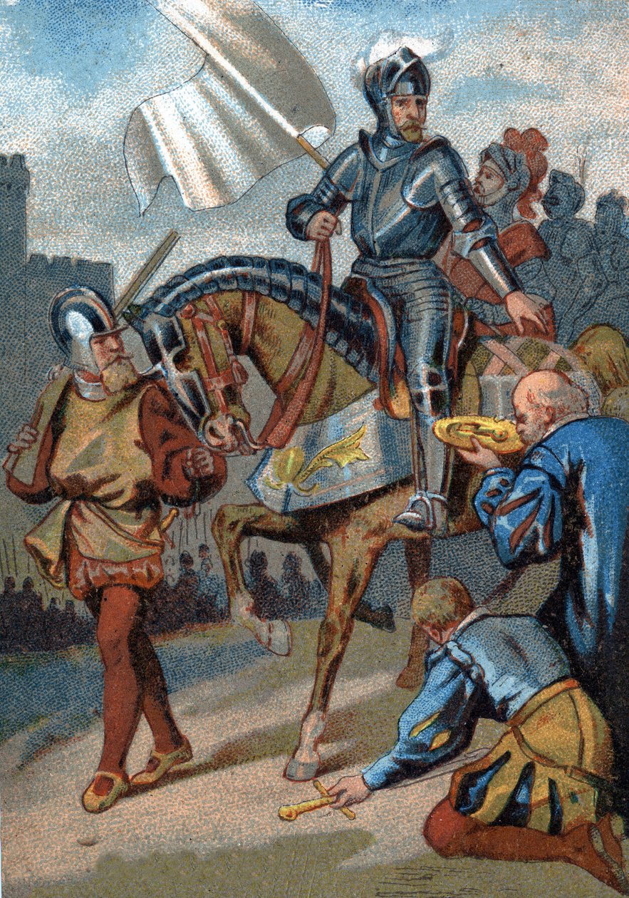 Genopretning af Calais over englænderne af hertugen af Guise i 1558. Chromolithography of the Series "" Patriotic Education through Image"". af French School