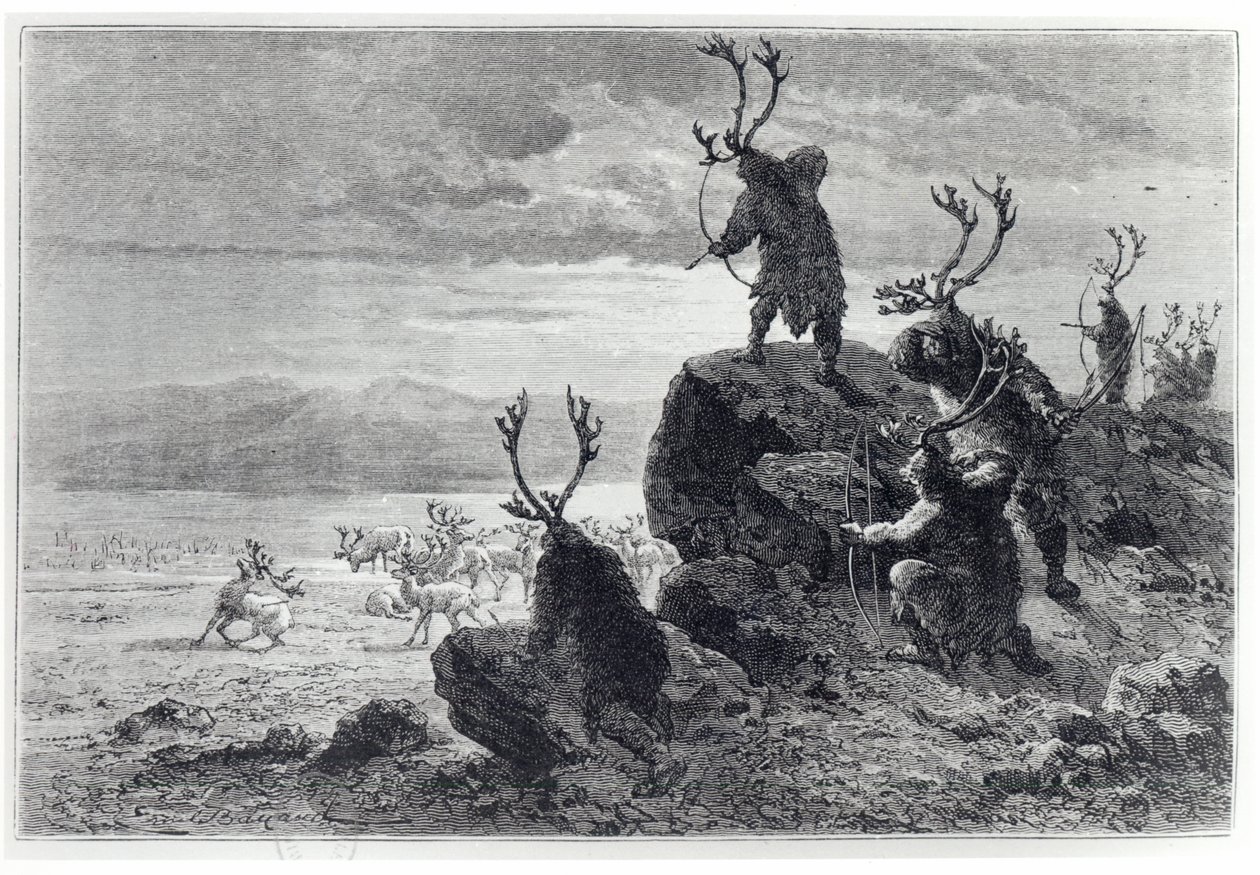Rensdyrjagt i stenalderen, illustration fra LHomme Primitif, af Louis Figuier (1819-94) udgivet af Hachette, 1870 af French School
