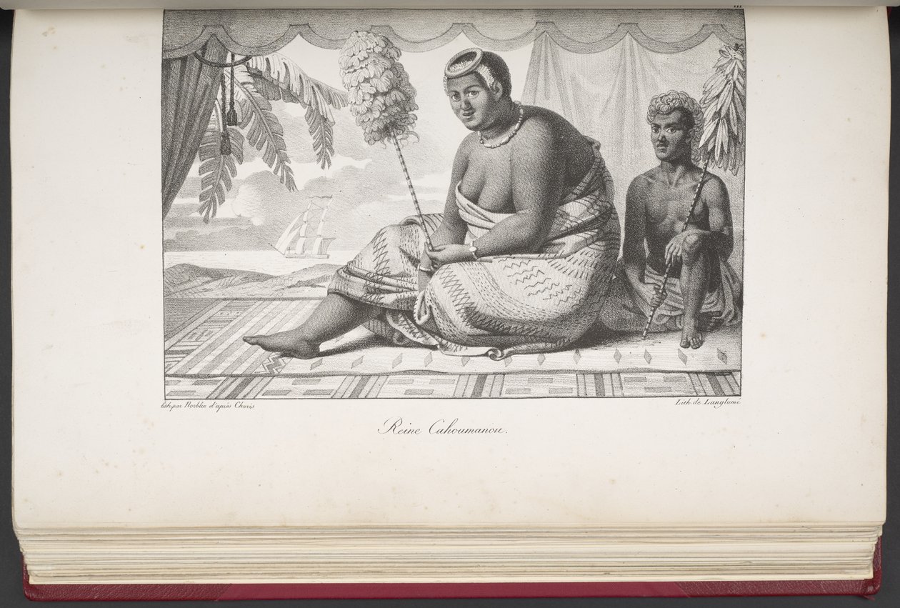 Reine Cahoumanou, Sandwichøernes Indbyggere, fra Maleriske Rejser Jorden rundt, med Portrætter af Vilde fra Amerika, Asien, Afrika og Øerne i Det Store Ocean; landskaber, havudsigt og flere naturhistoriske genstande; af French School