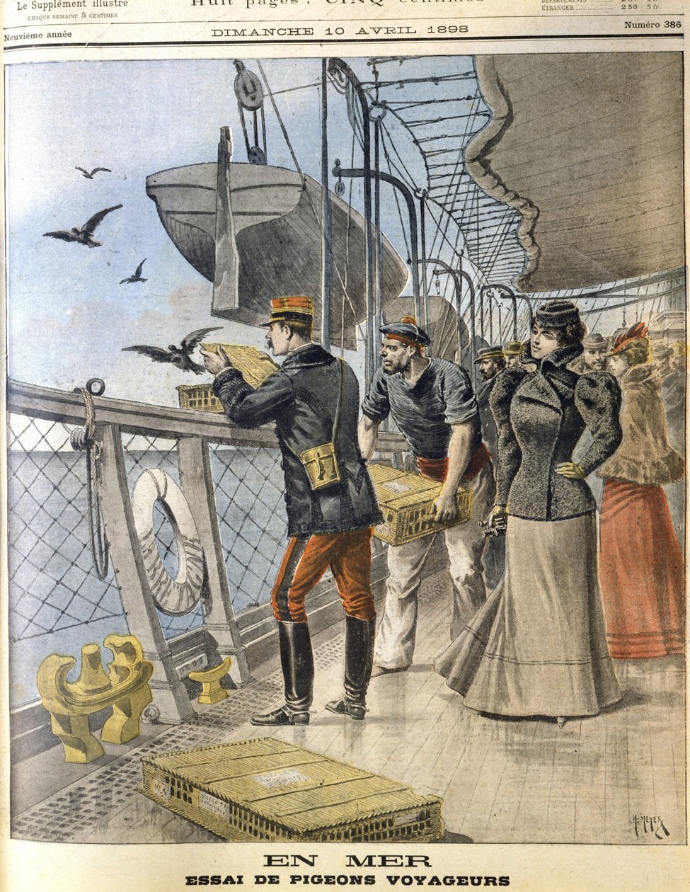 Frigivelse af den franske hær, der slår duer om bord på det transatlantiske linjeskib La Bretagne mellem Le Havre og New York af French School
