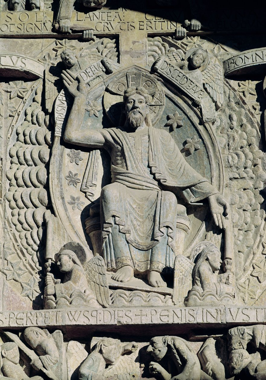 Relief forestillende Kristus i herlighed, detalje fra den sidste dom på tympanen, ca. 1140 af French School