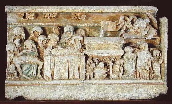 Relief af scener fra Kristi lidenskab: Pieta, gravlæggelsen og de hellige kvinder ved graven af French School