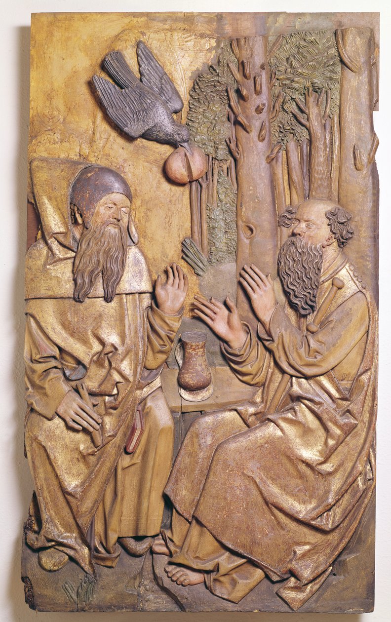 Relief, der forestiller St. Anthony, der besøger St. Paul i ørkenen, fra Chapale of the Old Hospital i Colmar (forgyldt træ) af French School