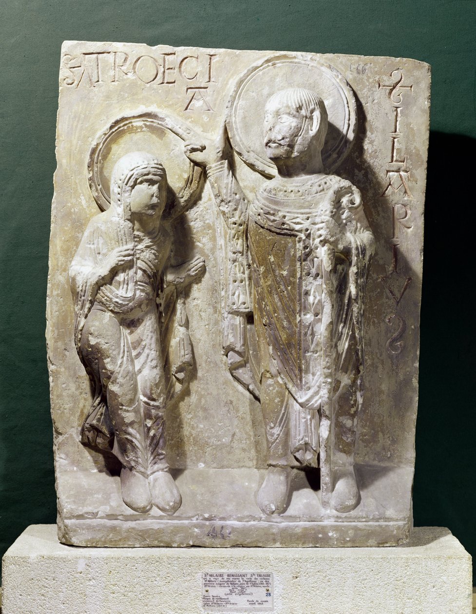 Relief forestillende St. Hilary af Poitiers (320-368) velsignende St. Triaise, ca. 1150 af French School
