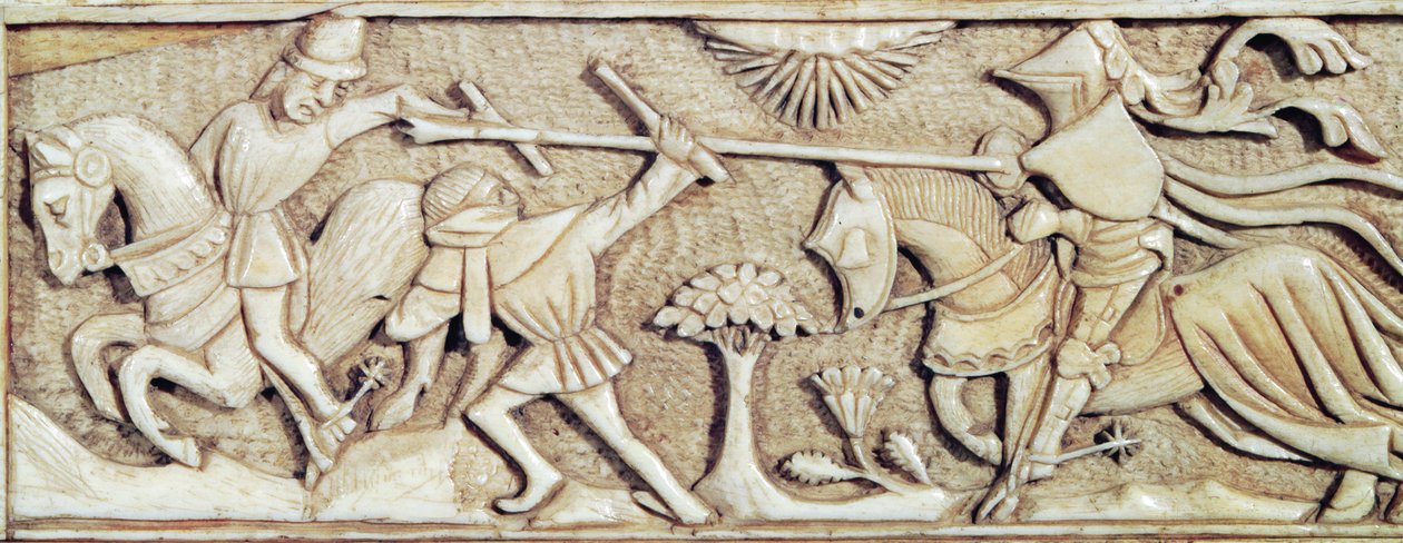 Relief, der viser riddere, der kæmper, detaljer fra et skakbræt af French School