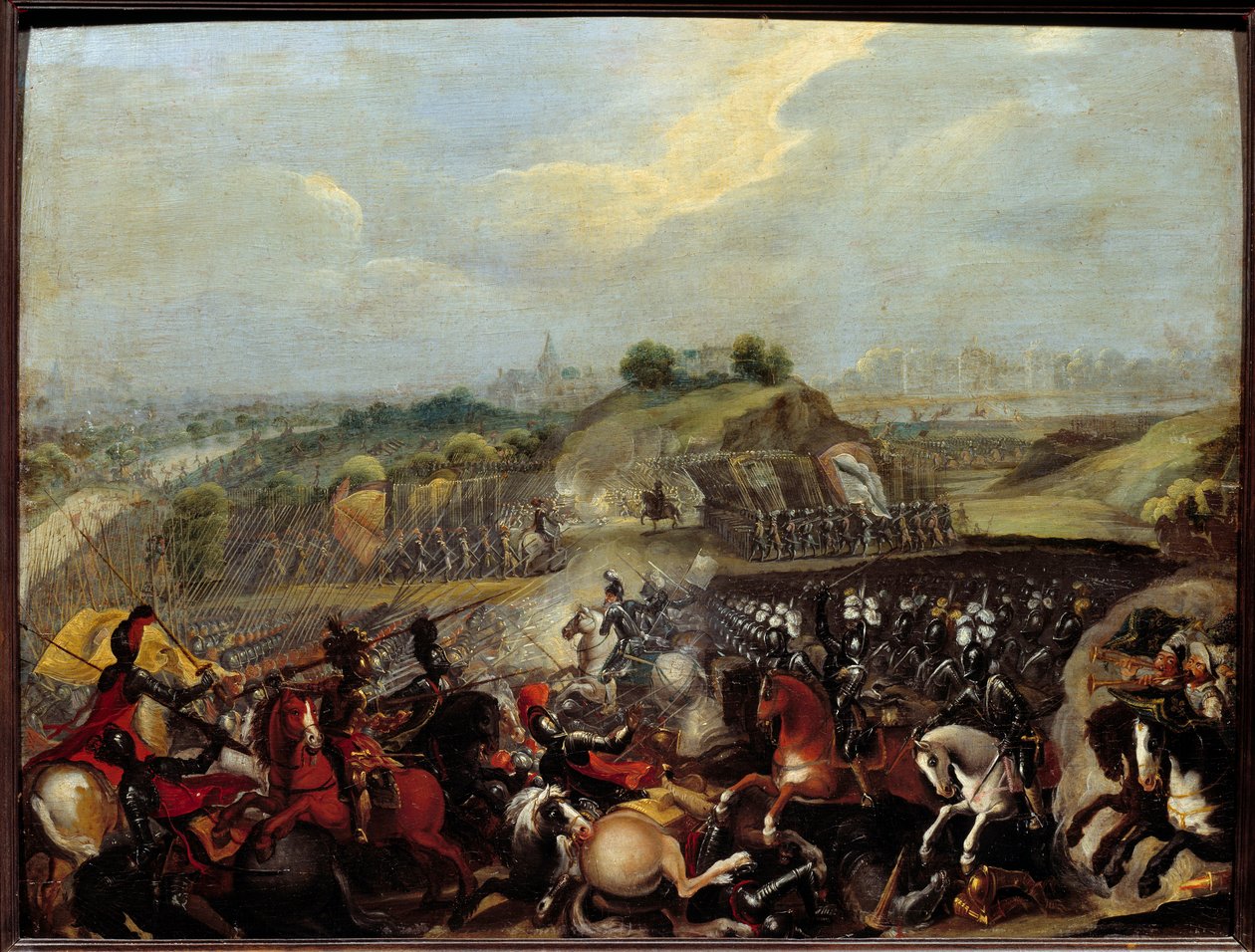 Religiøse krige: "" Henrik IV i slaget ved Ivry den 14/03/1590" Slaget ved Ivry den 14/03/1590 så den kongelige hærs sejr mod den katolske liga. Maximilian af Bethune, hertug af Sully, kongens minister, blev såret der. Maleri af Fren af French School