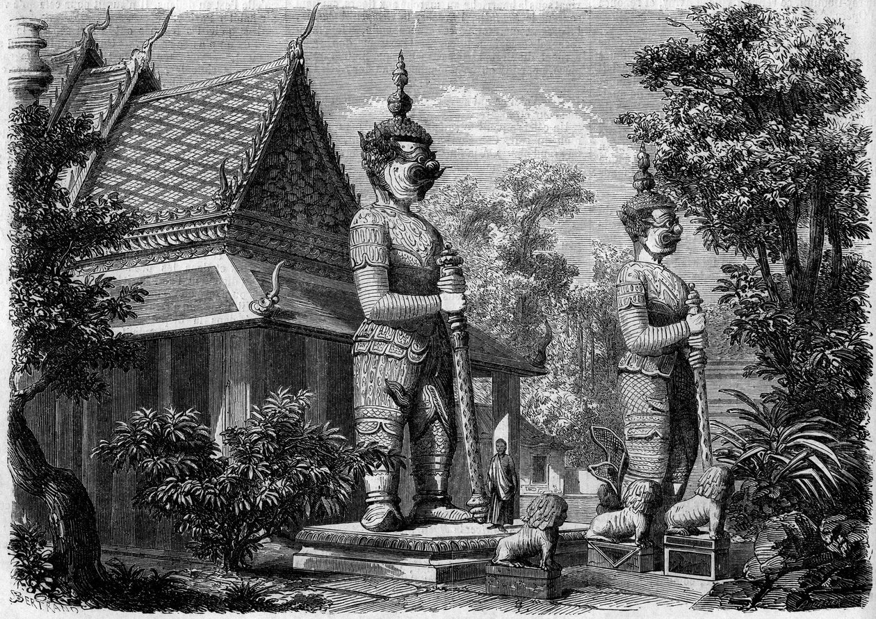 Religiøs arkitektur: udvendig udsigt af en pagode i Bangkok (Siam) i 1861. Indgravering i "" Le Monde Illustré"" nr. 223 af 20. juli 1861. af French School