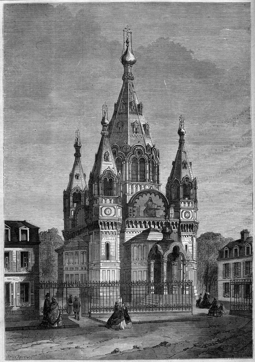 Religiøs arkitektur: udvendig udsigt over den russisk-ortodokse katedral Saint Alexandre Nevsky, Paris af French School