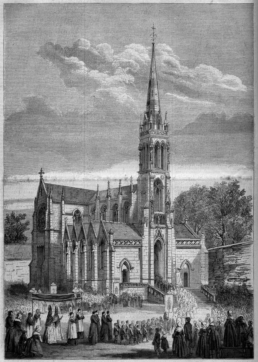 Religiøs arkitektur: overblik over kirken Monfort le Retrou (i dag Montfort le Gesnois i Sarthe (72), dagen for dens indvielse i 1858. Fra en skitse af hr. Moulin. Indgravering i "" Le Monde Illustré"" n °77 af 2. oktober 1858. af French School