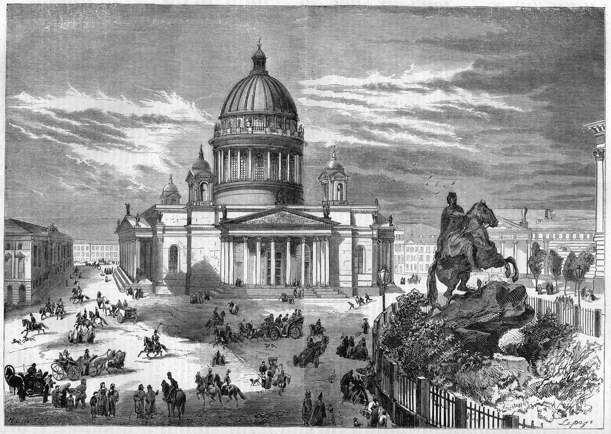 Religiøs arkitektur: udsigt over den ortodokse kirke Saint Isaac (1819-1858) i Sankt Petersborg (Sankt Petersborg) i Rusland, bygget efter planerne fra arkitekten Ricard de Montferrand (1786-1858). Til højre er rytterstatuen af Peter den af French School