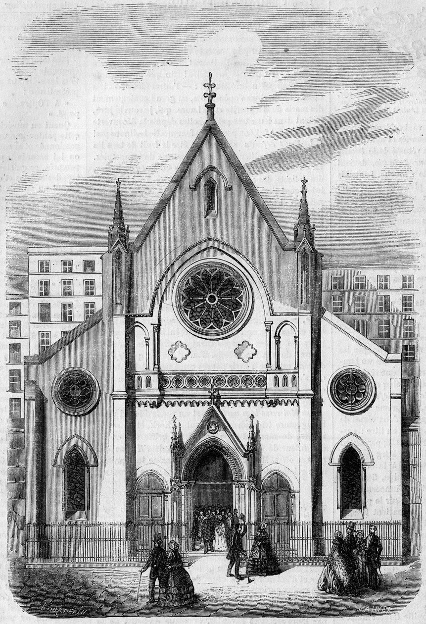 Religiøs arkitektur: udsigt over facaden af templet for amerikanere, der bor i Paris, rue de Berry, i 1857. Bygning bygget af arkitekten Mr. Salmon. Indgravering i "" Le Monde Illustré"" nr. 33 af 28. november 1857. af French School