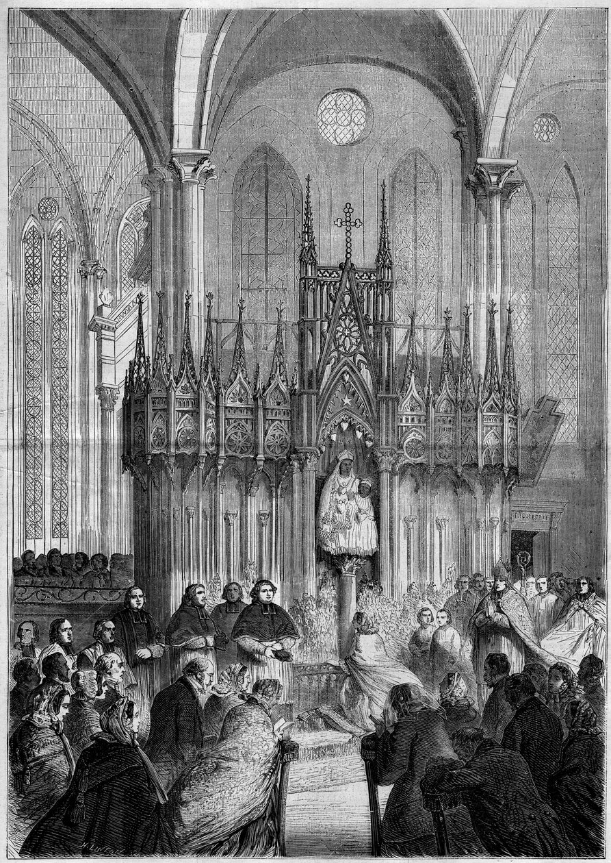 Religiøs kunst: statue af Notre Dame du Pillar eller "" Jomfru Noire"" (ca. 1540) i katedralen i Chartres (Eure et Loire, 28) i 1858. Indgravering i "" Le Monde Illustré"" nr. 89 af 25. december 1858. af French School