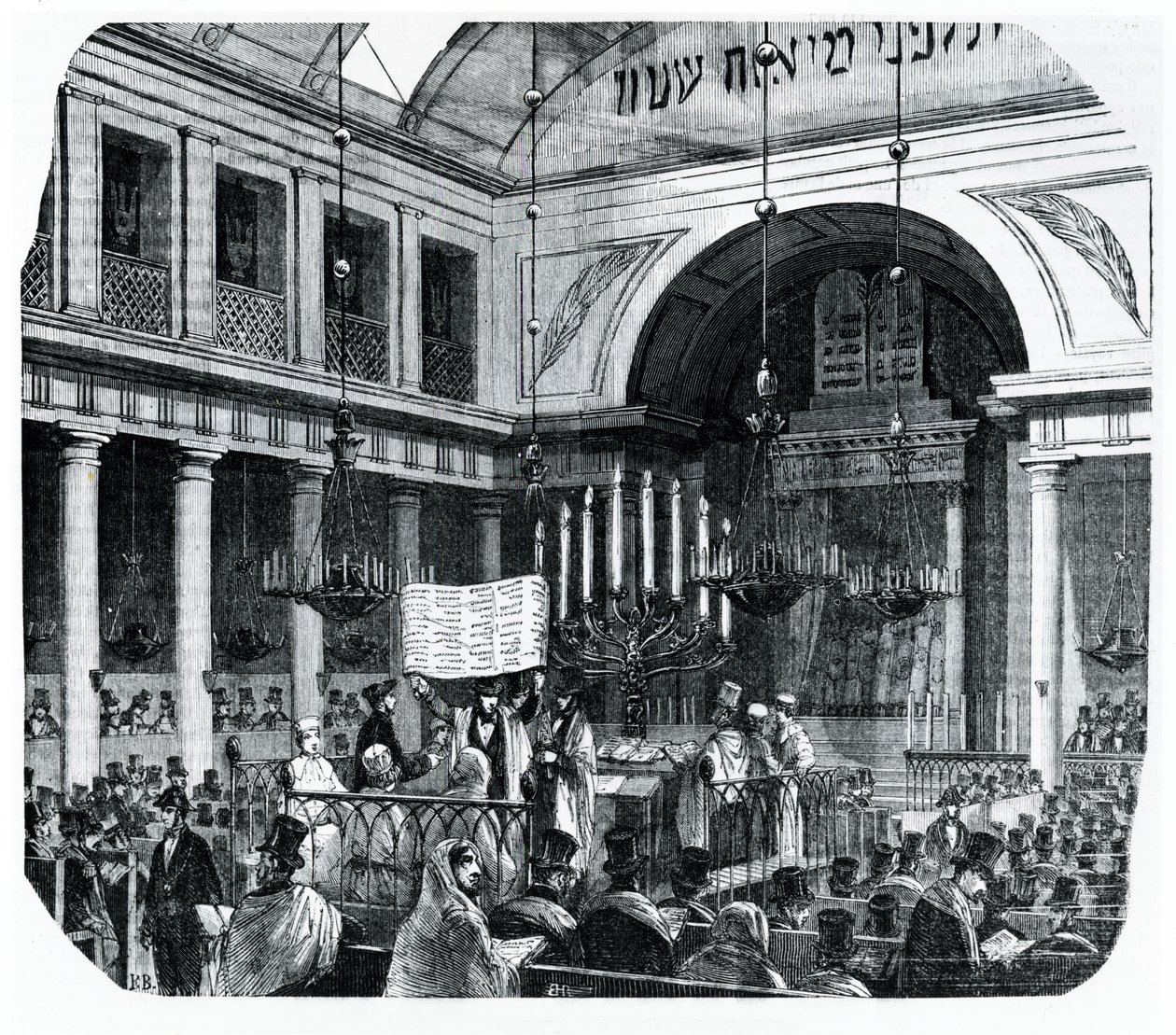 Religiøs ceremoni ved den gamle Paris-synagoge for Rosh Hashana, illustration fra Le Tableau de Paris af Edmond Texier, udgivet i Paris, 1852 af French School