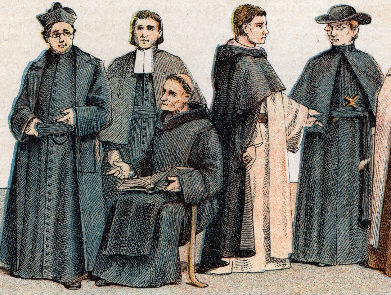Religiøse dragter: fra g a d portræt af en jesuit, en far Mariste (Marcellin Champagnat), en benediktinermunk, en dominikanermunk og en oblat - gravering - Religiøse dragter: fra venstre mod højre, portræt af en jesuit, en maristbror, en benediktiner man af French School