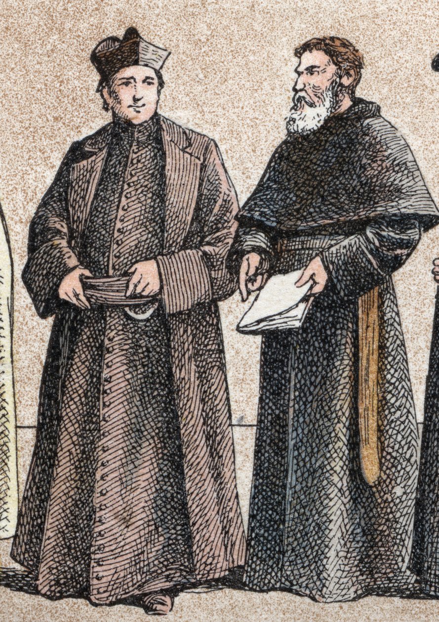 Religiøse dragter: fra g a d portræt af en jesuite og en assumptionist-bror (medlem af kongregationen af Augustinerne i Assumptionen) - Indgravering - Religiøse dragter i oldtiden: fra venstre mod højre, portræt af en jesuit og en Assum af French School