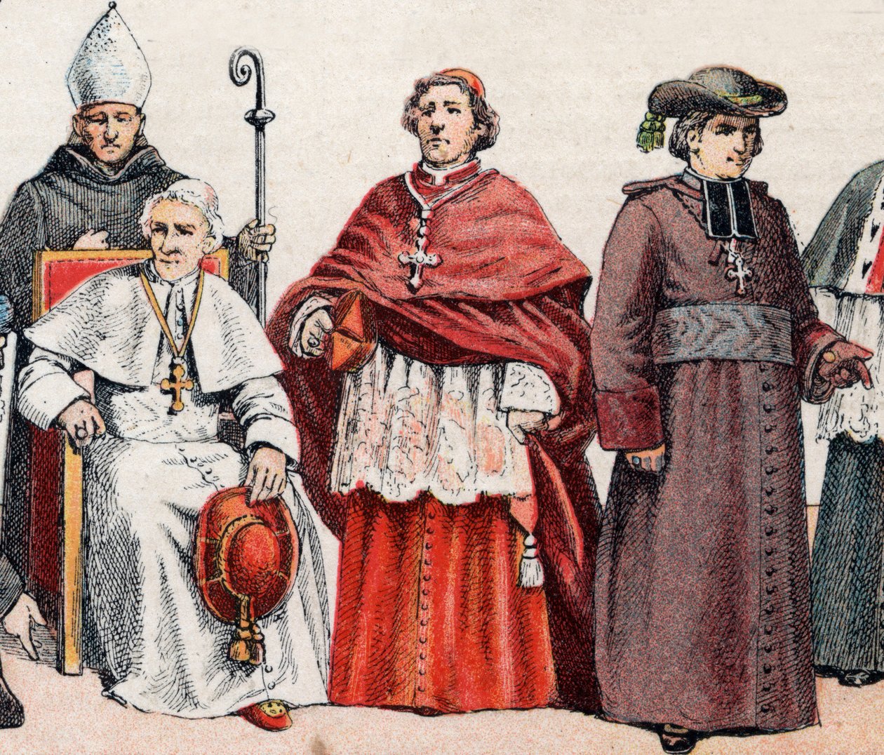 Religiøse dragter: fra g til d en eveque iført miter og med biskoppens numse, pave Leon XIII (Leone XIII) siddende, en kardinal i prælatenskred (eller cappa magna) og en eveque i frakke - fra l til r, biskop med gering og krydser, paven L af French School