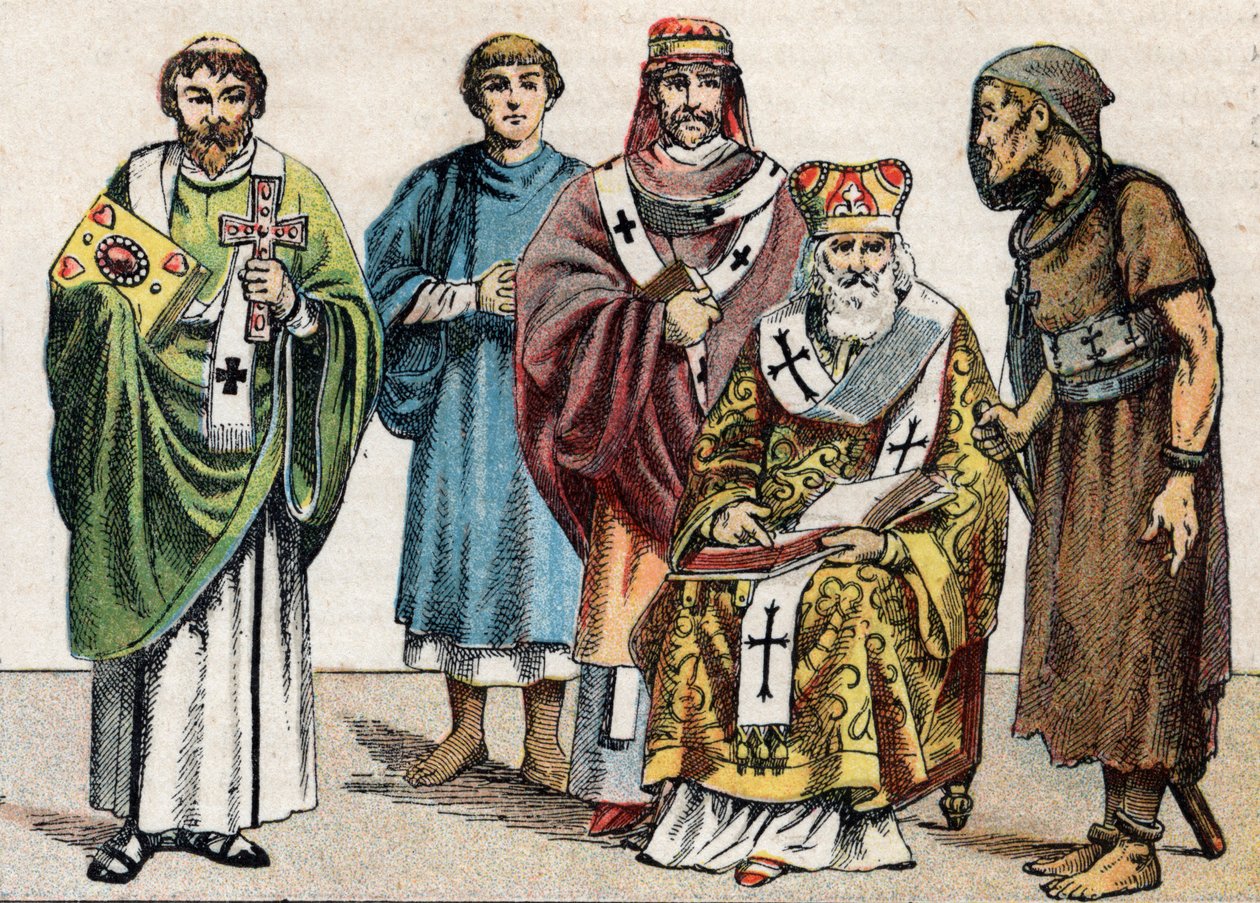 Religiøse dragter i antikken: fra g et portræt af en byzantinsk diakon, en kristen præst i det første århundrede, en eveque i det 5. århundrede, en byzantinsk patriark og en anachorete - Indgravering - Religiøse dragter i oldtiden: fra venstre til r. af French School