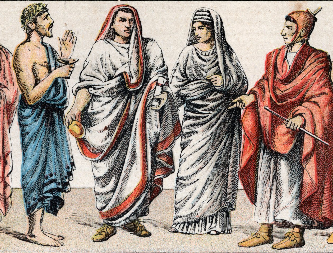 Religiøse dragter i antikken: fra et portræt af en græsk præst, ofreminister, en store pave i det antikke Rom (Pontifex maximus), en vestal, en prætress fra det antikke Rom og en romersk flamingo (flamen) præst, der er viet til tilbedelsen af en Gud af French School