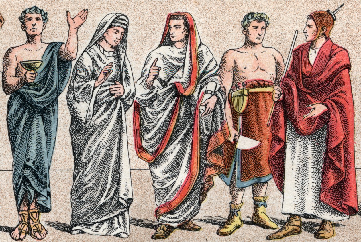 Uskonnolliset puvut antiikin aikana: g a d:sta muotokuva kreikkalaisesta papista, uhripappista, vestaalista, antiikin Rooman pretressistä ja antiikin Rooman suuresta paavista (Pontifex maximus), palvonnasta omistautuneesta roomalaisesta papista ja flaminos af French School