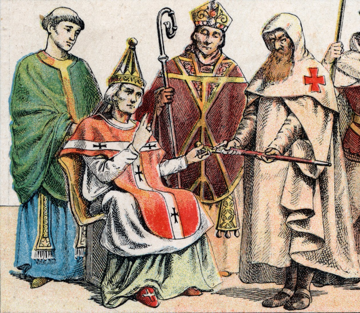 Religiøse dragter i middelalderen: fra g til d en præst i det 10. århundrede, en pave i det 11. århundrede, en eveque (med en miter og en numse) til det 12. århundrede og et medlem af Hospitallerordenen (Orden of St. Johannes af Jerusalem) - Religiøse omko af French School