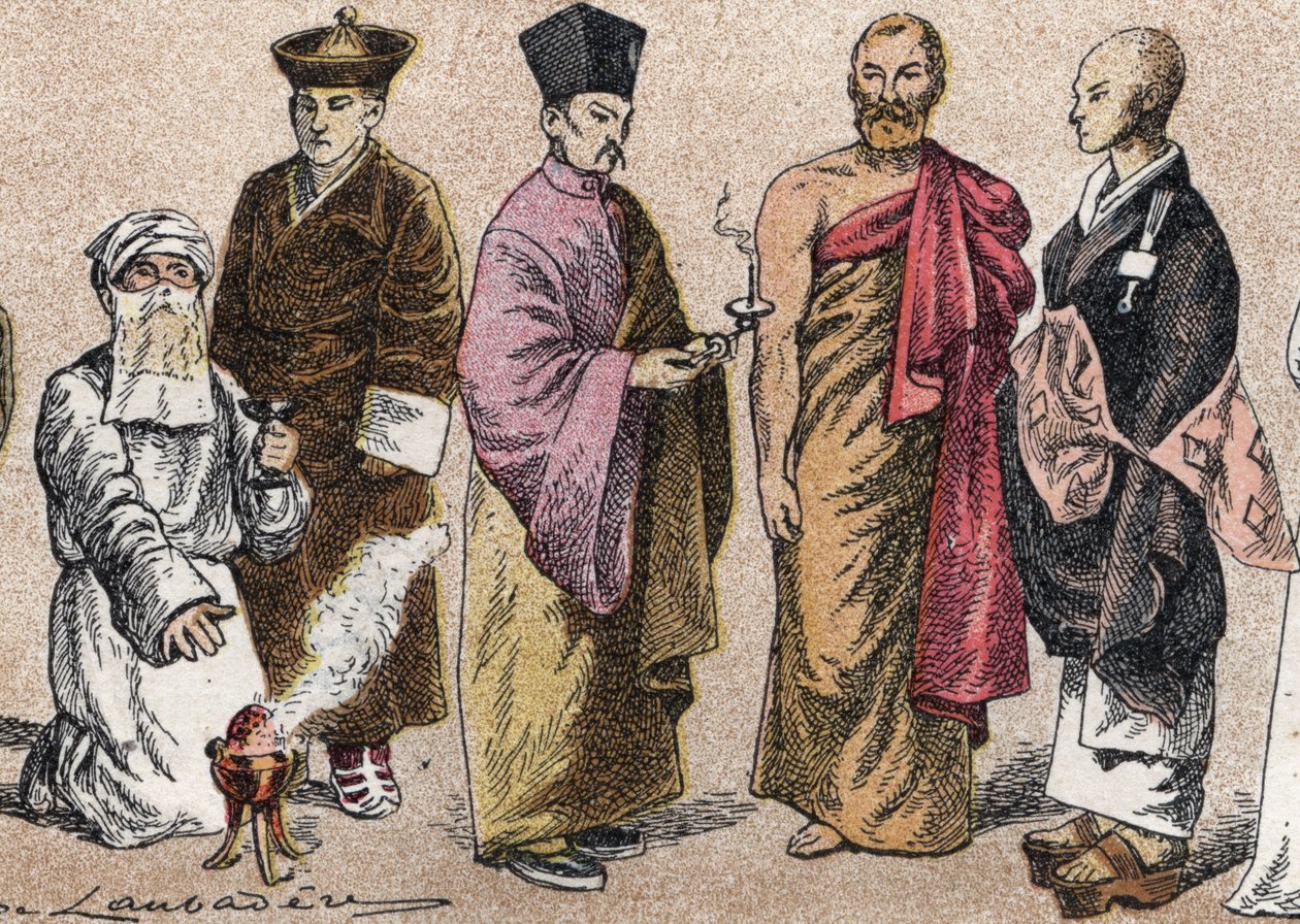 Religiøse dragter i Asien: fra g a d portræt af en præst Parsi (parse eller tilhænger af parsisme), Lama (tibetansk åndelig mester), kinesisk buddhistisk præst, Ceylon bonze og japansk buddhistisk præst - Gravering - Religiøse dragter i Asien: fra venstre  af French School